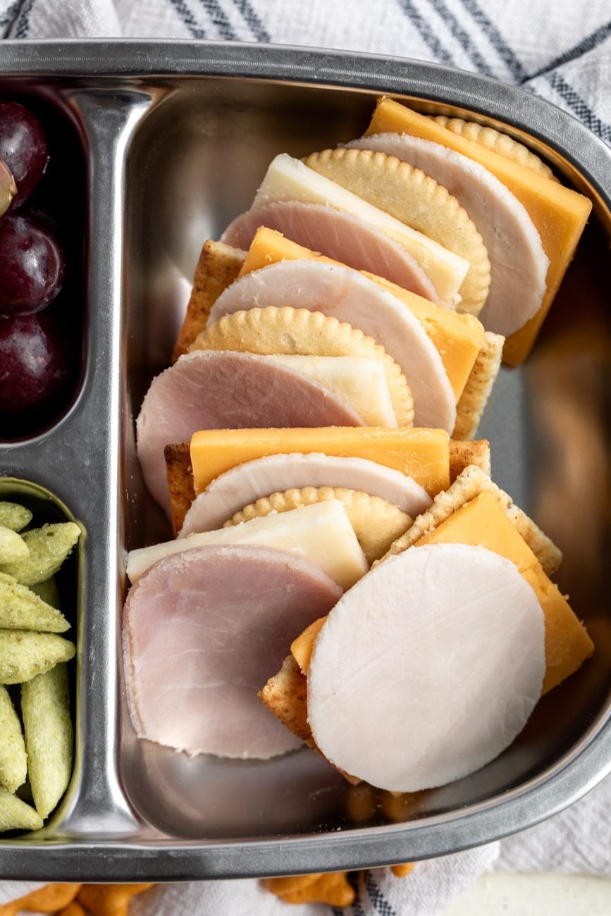 homemade lunchables turkey and ham with cheese and crackers.