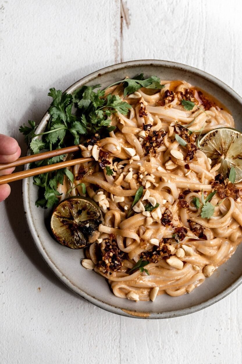 Peanut Noodles with Charred Limes recipe with chopsticks.