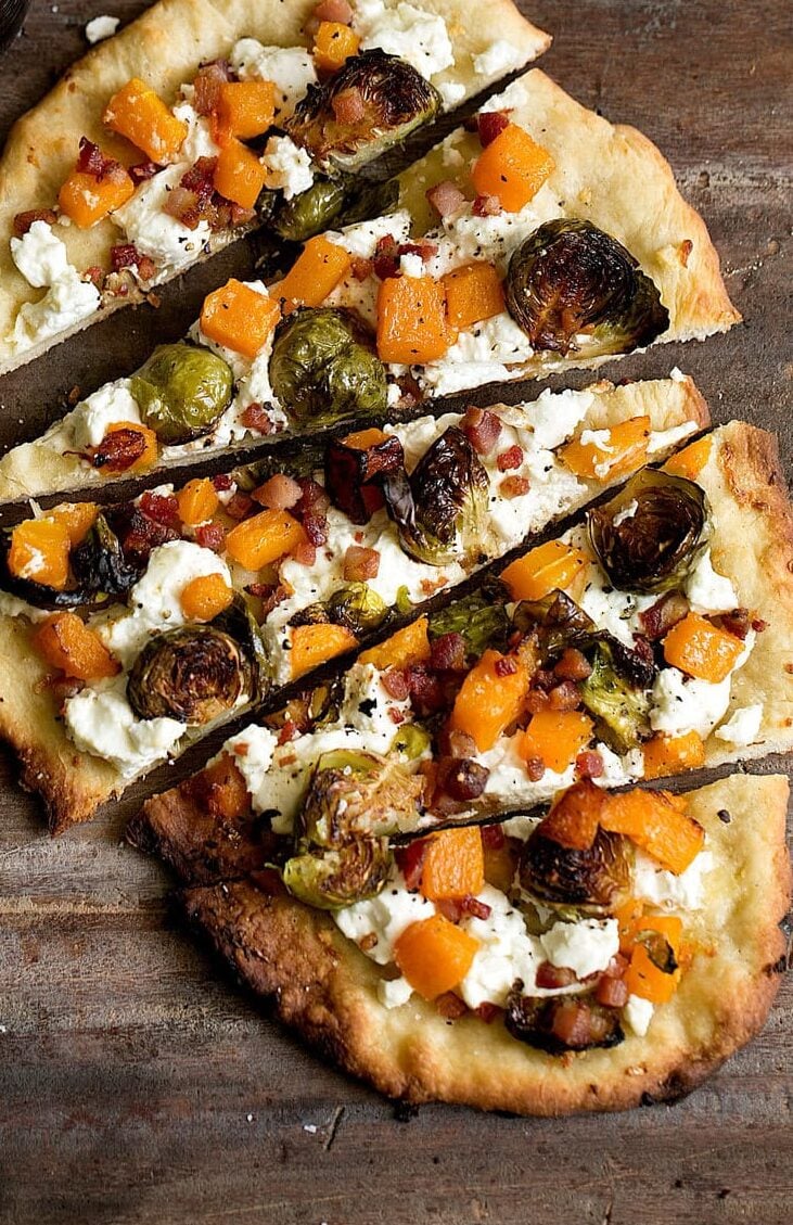 Roasted Butternut Squash & Balsamic Brussels Sprout Flatbread Pizza with Goat Cheese.