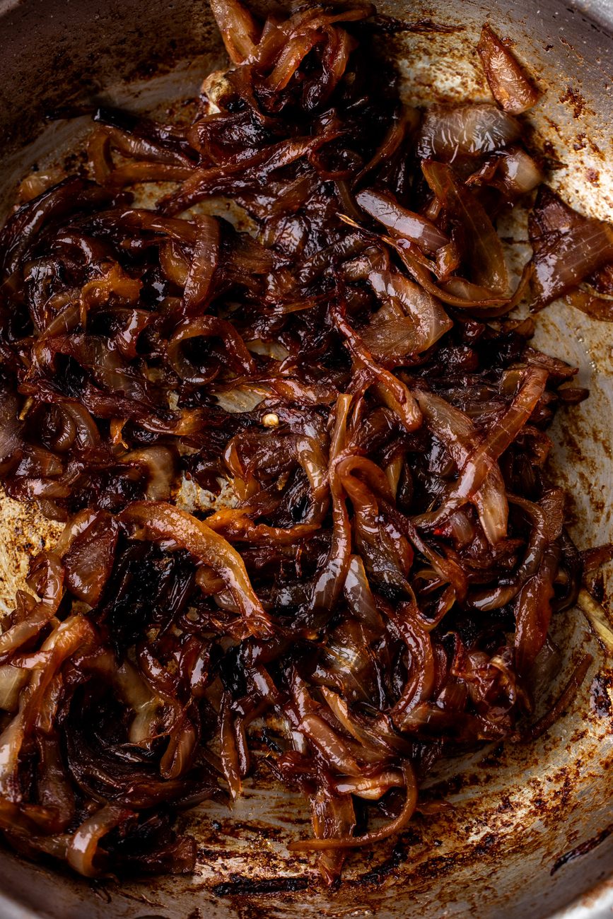 caramelized onions finished with vinegar and maple syrup.