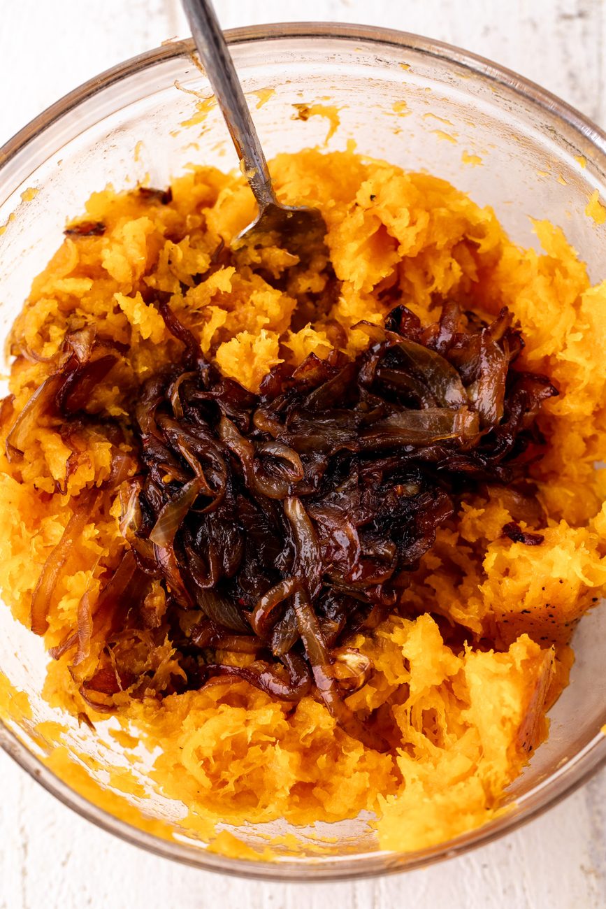 mashed butternut squash with caramelized onions.
