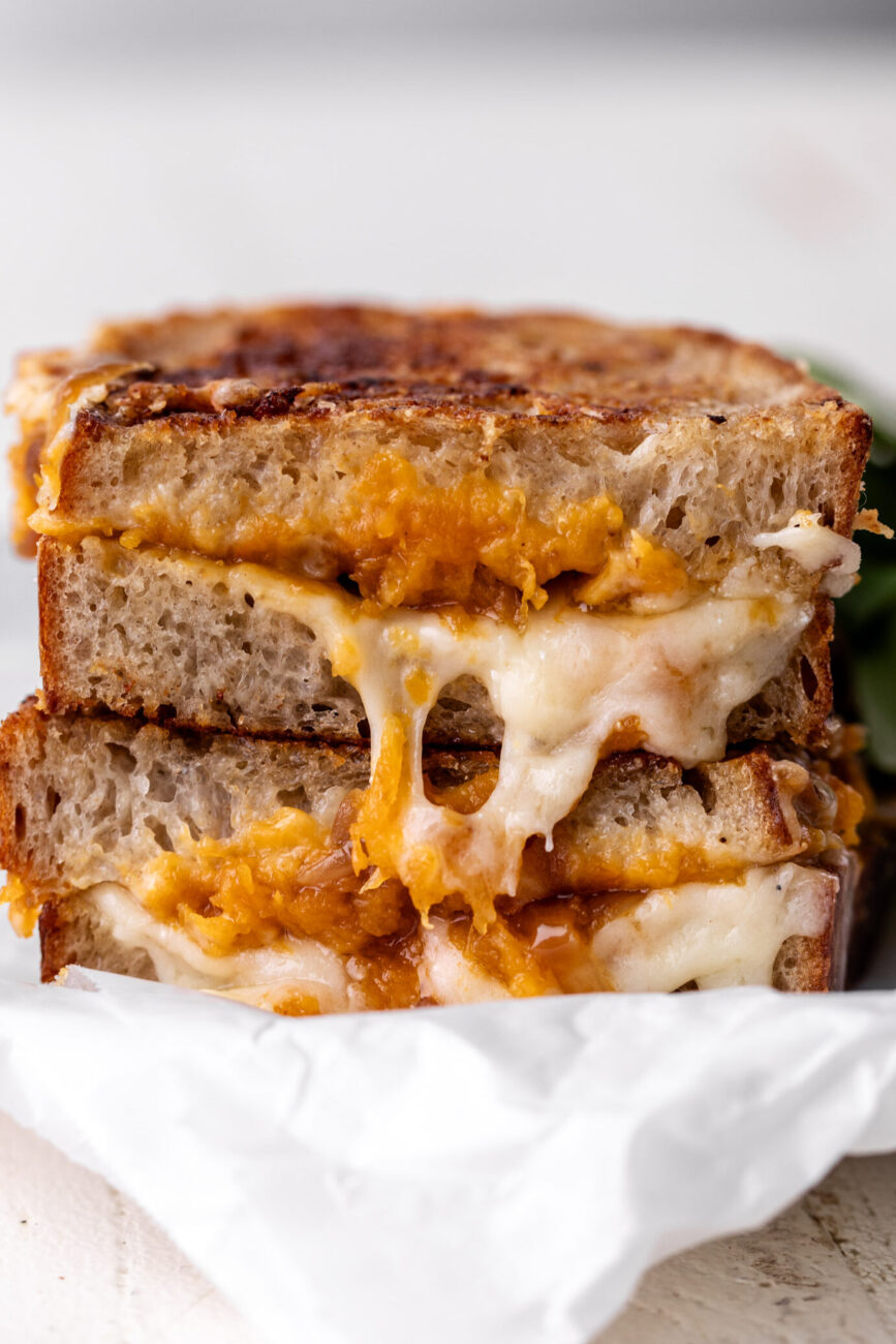 butternut squash grilled cheese with caramelized onions and cheddar cheese.