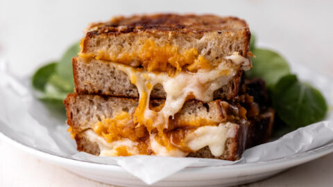 butternut squash grilled cheese with caramelized onions on sourdough.