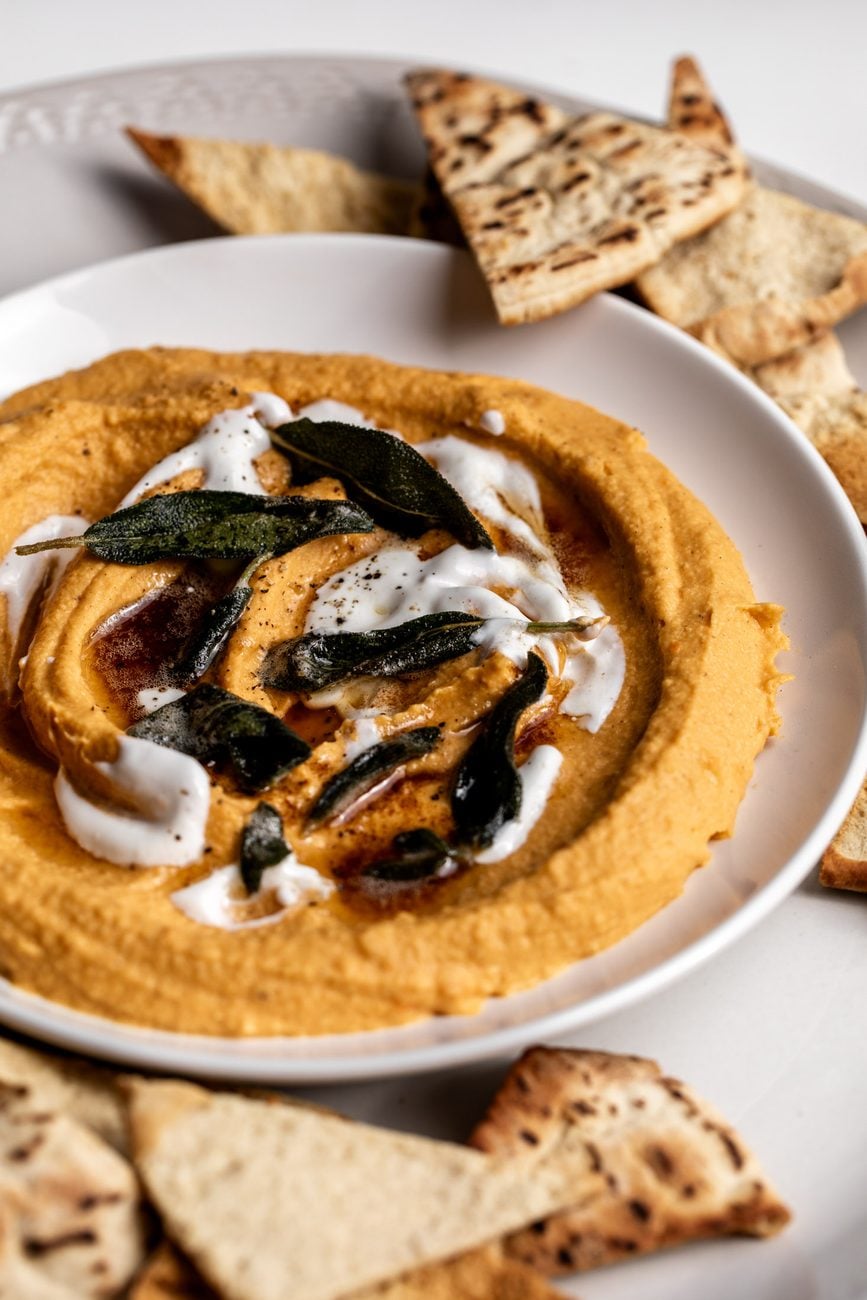 sweet potato hummus with pita and fried sage leaves.